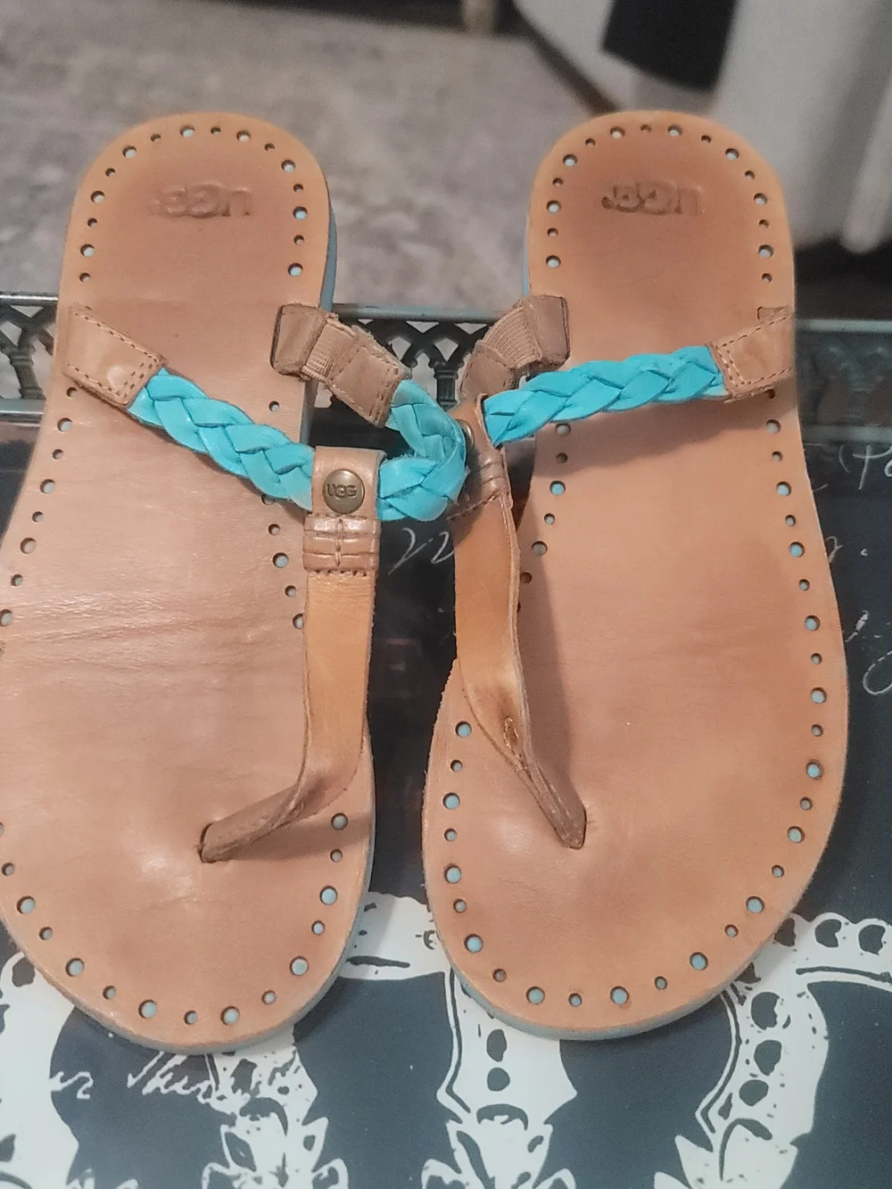UGG Women’s Tan Leather Sandals with Turquoise Braid